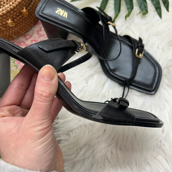 NEW Zara Black Heeled Sandal 9 Square Toe Faux Leather Strappy Buckle - Picture 2 of 7